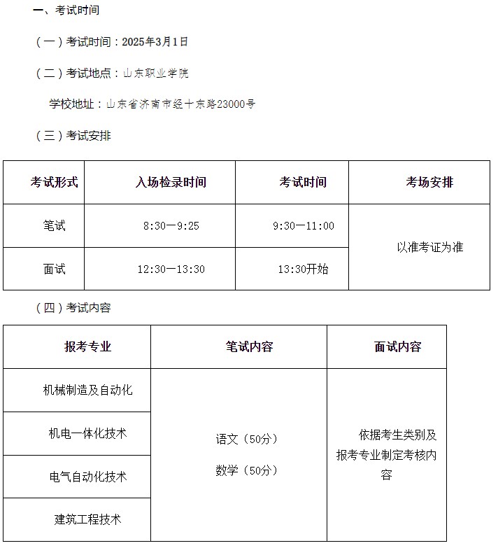 2025年山东职业学院单招考试时间和分数